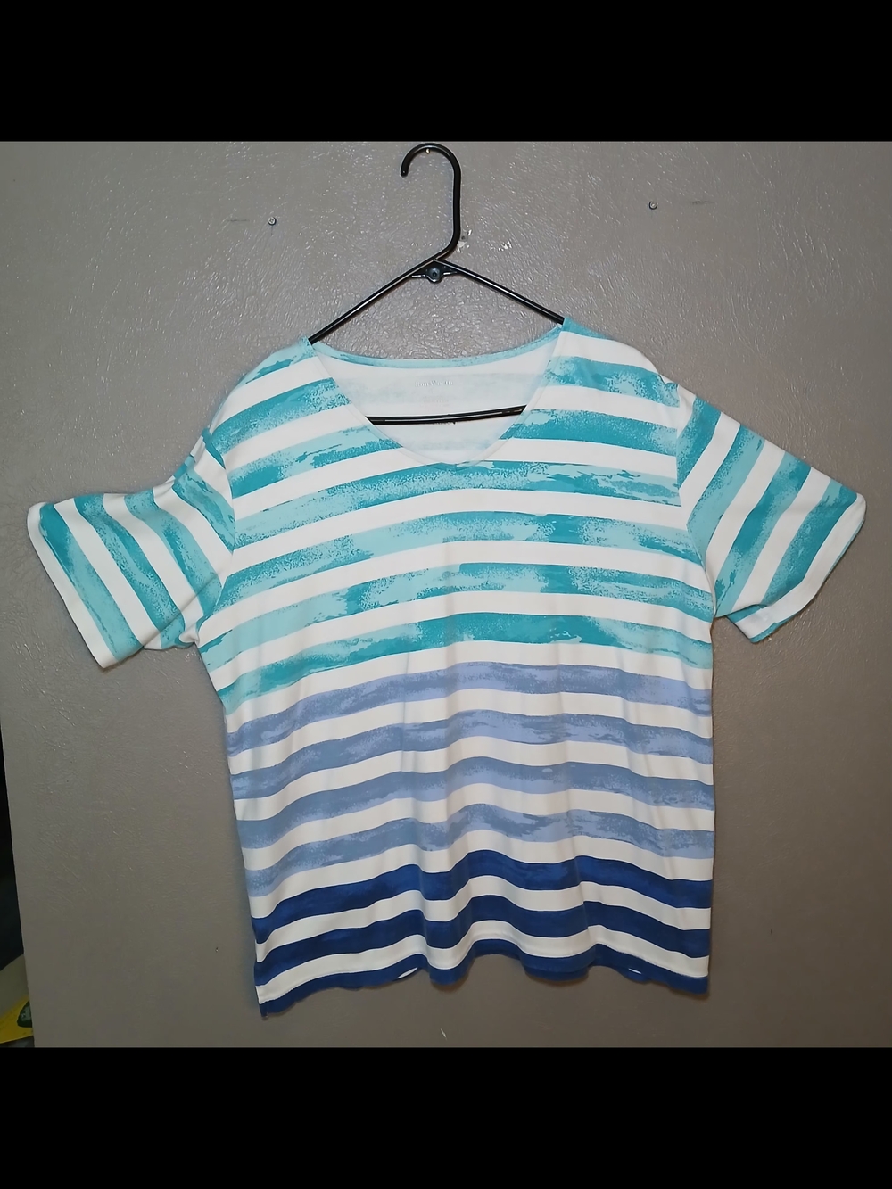 Bon Worth Short Sleeve Striped V-Neck Tee in Teal, Light Blue and Navy